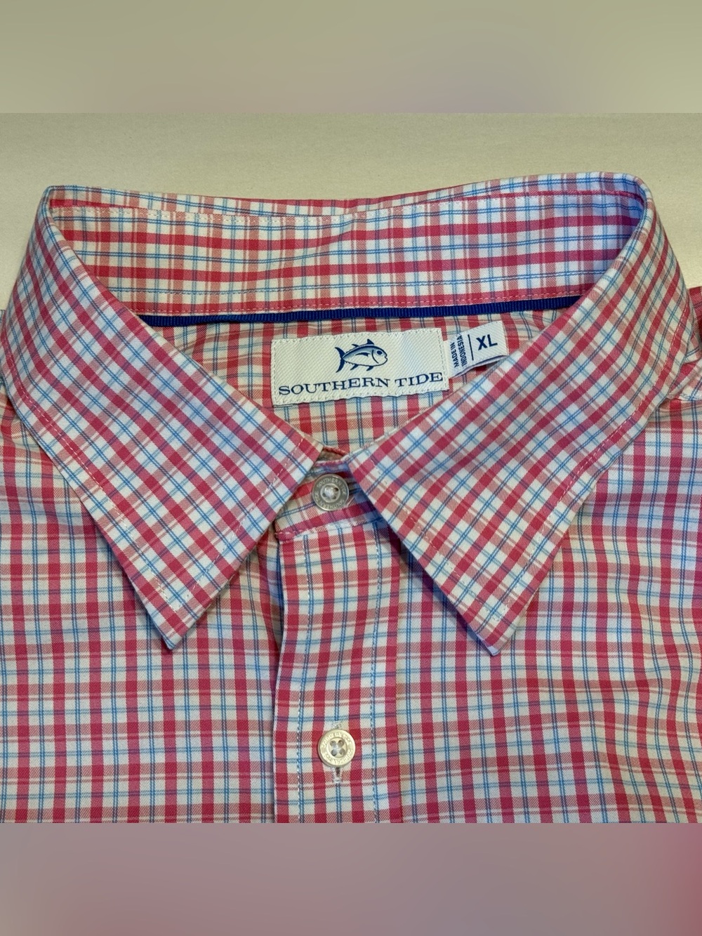 Southern Tide Men's Pink and White Check Dress Shirt